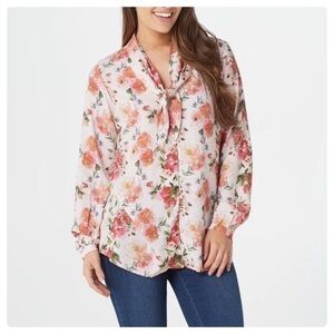 Tolani Floral Tie Neck Button Down